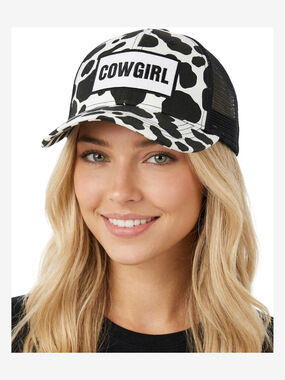 Distressed Mesh Low Profile Trucker Hat | Cow Girl (Cow Print, Black) | Size OS